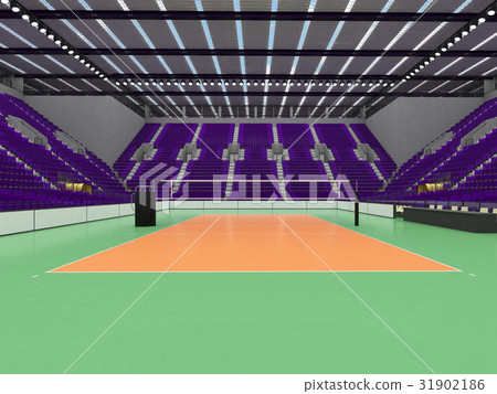 Beautiful empty volleyball arena with purple seats 31902186