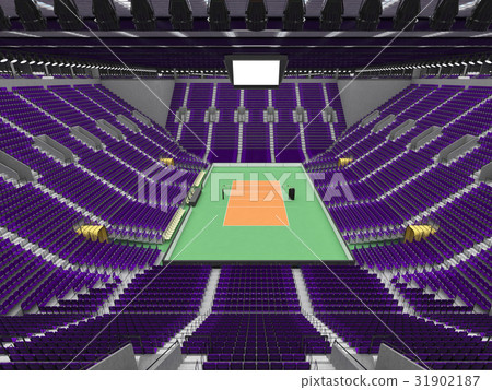 Beautiful empty volleyball arena with purple seats 31902187
