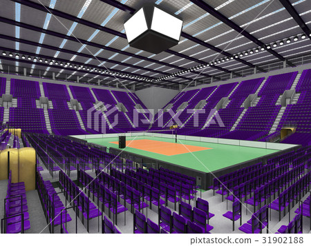 Beautiful empty volleyball arena with purple seats 31902188