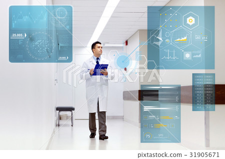 doctor with clipboard walking along hospital 31905671