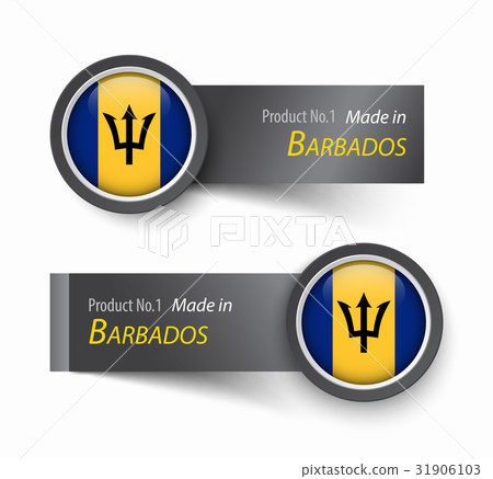 Flag icon and label with text made in Barbados . 31906103