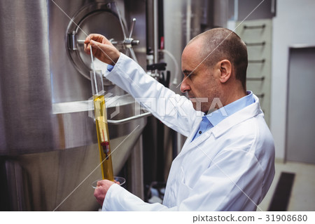 Manufacturer examining beer at brewery 31908680