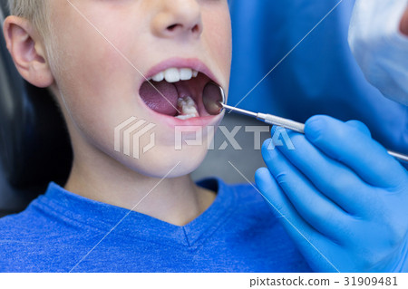 Dentist examining a young patient with tools 31909481