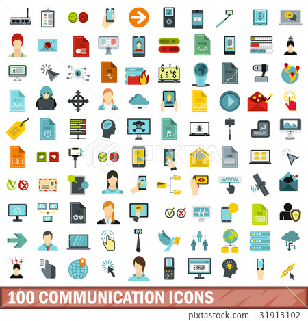 100 communication icons set, flat style 31913102