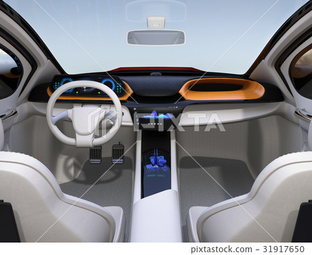Automatic driving image of the instrument panel of the EV car. Wire wrapping tray with wireless charging unit. original design. 31917650