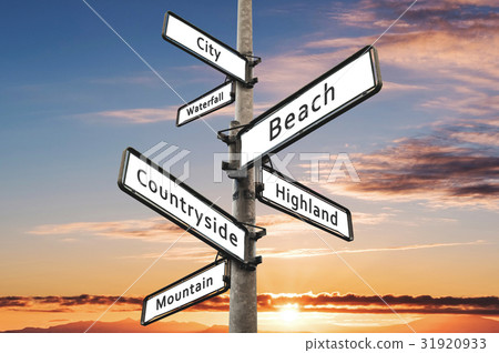 Travel destination choices on signpost 31920933