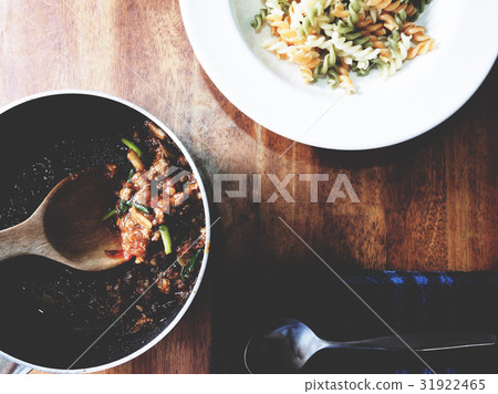 The picture of fusilli and bolognese sauce. The picture of fusilli and bolognese sauce. 31922465