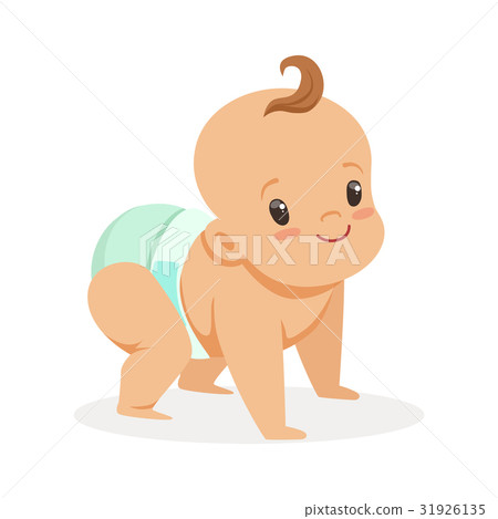 Cute crawling baby in a diaper looking up 31926135