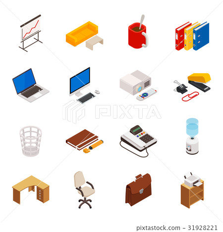 isometric of icons on a theme of office equipment isometric of icons on a theme of office equipment 31928221