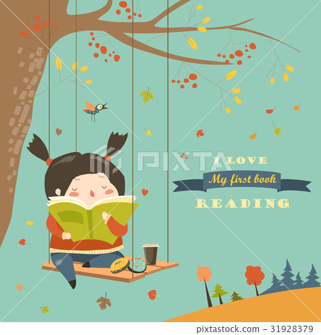 Cute girl swinging and reading a book in autumn Cute girl swinging and reading a book in autumn 31928379