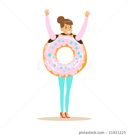 Smiling woman wearing donut costume, fast food Smiling woman wearing donut costume, fast food 31931225