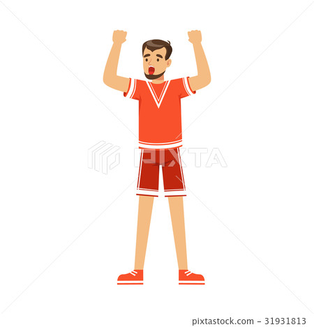 Cheering football fan character in red celebrating Cheering football fan character in red celebrating 31931813