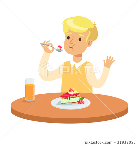 Cute blonde boy sitting at the table and eating a Cute blonde boy sitting at the table and eating a 31932053