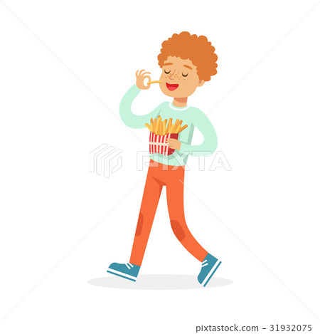 Cute happy boy eating french fries, colorful 31932075