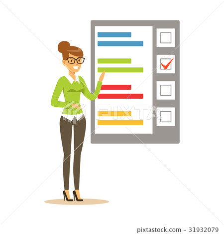 Young woman pointing to a poster with the results Young woman pointing to a poster with the results 31932079