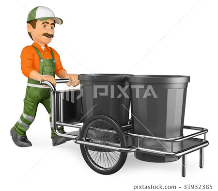 3D Street sweeper working with his garbage trolley 31932385