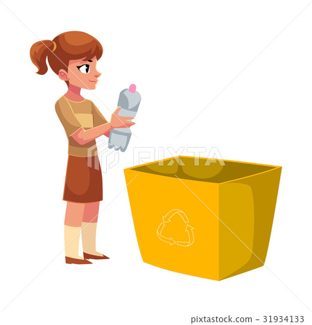 Girl going to throw plastic bottle in a trash bin 31934133
