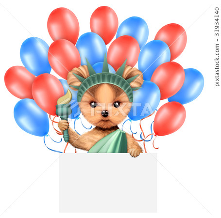 Funny dog holding USA flag. Concept of 4th of July 31934140