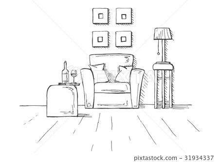 Armchair, coffee table with a glass and bottle. Armchair, coffee table with a glass and bottle. 31934337