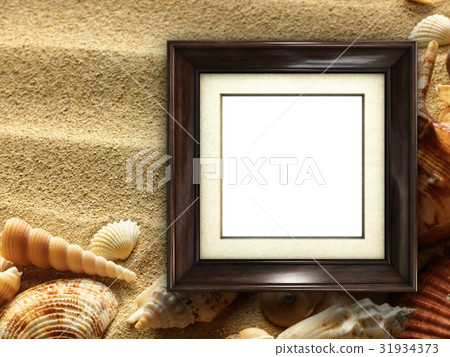 Picture frame on shells and sand background Picture frame on shells and sand background 31934373