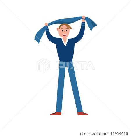 Happy sports fan in blue supporting his team with Happy sports fan in blue supporting his team with 31934616