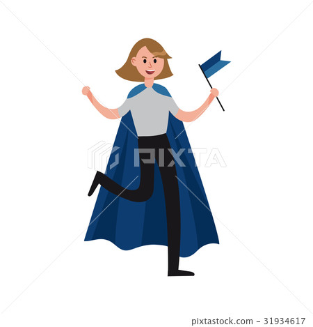 Smiling sports fan girl wearing blue cape Smiling sports fan girl wearing blue cape 31934617