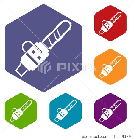 Gasoline powered chainsaw icons set hexagon 31939389