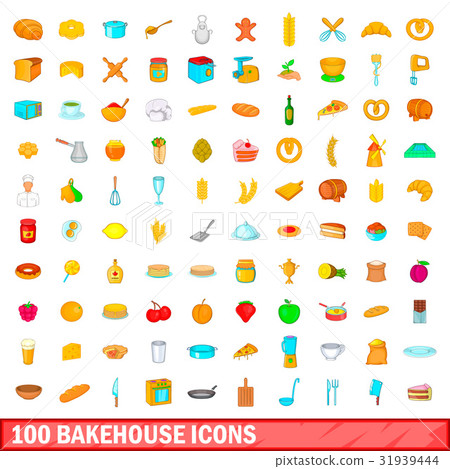 100 bakehouse icons set, cartoon style 31939444
