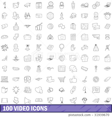 100 video icons set, outline style 31939670