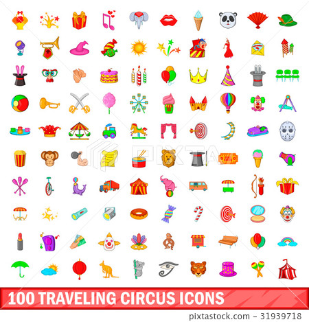 100 traveling circus icons set, cartoon style 100 traveling circus icons set, cartoon style 31939718