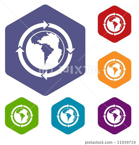 Round arrows around world planet icons set hexagon 31939719