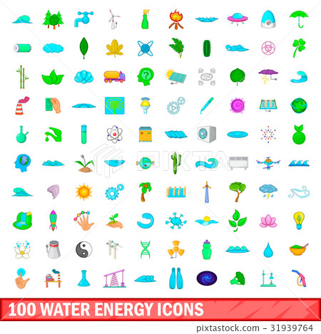 100 water energy icons set, cartoon style 31939764