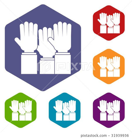 Different people hands raised up icons set hexagon Different people hands raised up icons set hexagon 31939936