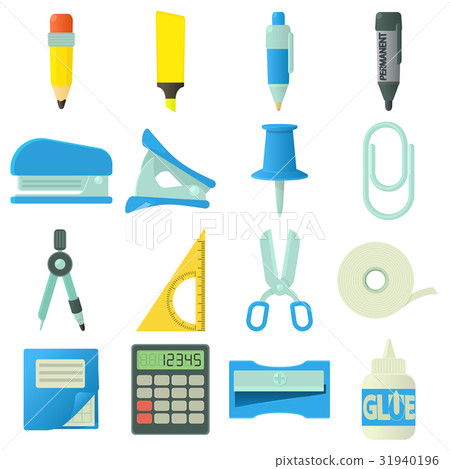 Stationery icons set, cartoon style Stationery icons set, cartoon style 31940196