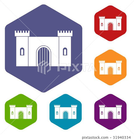 Fortress with gate icons set hexagon 31940334
