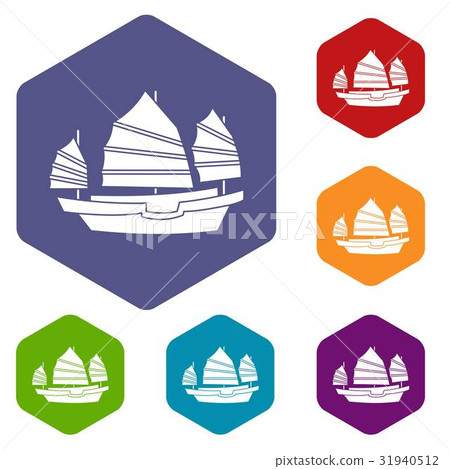 Junk boat icons set hexagon 31940512