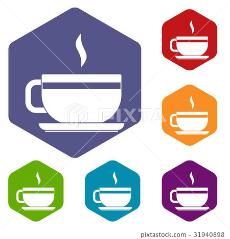 Tea cup and saucer icons set hexagon 31940898