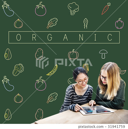 Friends talking with the graphic of vegetable fresh food 31941759