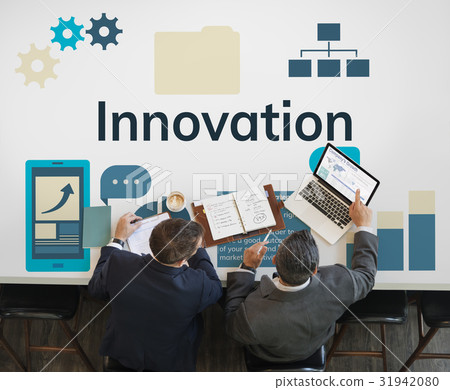 Workers working on laptop network graphic overlay banner on desk 31942080
