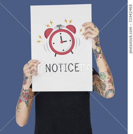 Tattoo woman holding banner of alarm clock icon notification illustration Tattoo woman holding banner of alarm clock icon notification illustration 31942468
