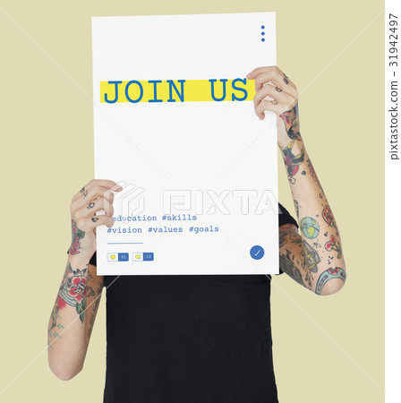 Hands holding network graphic overlay banner 31942497