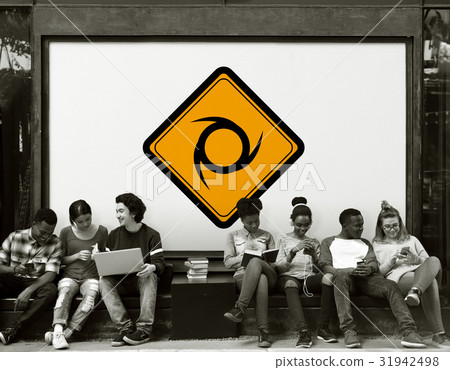 Group of Friends Sitting Together with Sawblade Attention Banner Behind Group of Friends Sitting Together with Sawblade Attention Banner Behind 31942498