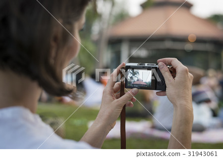 Adult Woman With Camera Capture Snap Shot Outdoor Activity Adult Woman With Camera Capture Snap Shot Outdoor Activity 31943061