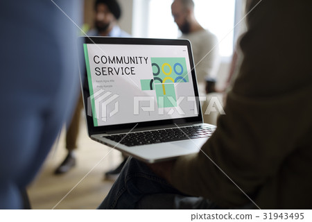 Hands working on laptop network graphic overlay 31943495
