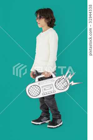 Caucasian Little Boy Holding Fake Jukebox Caucasian Little Boy Holding Fake Jukebox 31944338