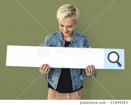 Caucasian Woman Holding Searching Sign Smiling Caucasian Woman Holding Searching Sign Smiling 31944563