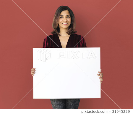 Adult Woman Hands Hold Blank Paper Board Copy Space Adult Woman Hands Hold Blank Paper Board Copy Space 31945239