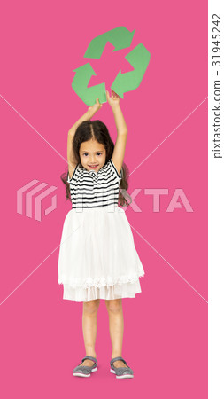 Little Girl Holding Recycle Symbol Studio Portrait 31945242
