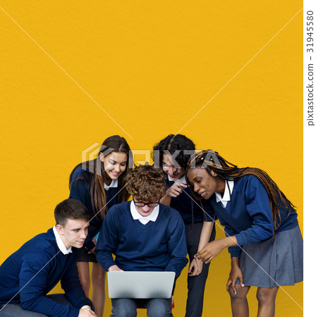 Group of Diverse Students Using Laptop Studio Portrait 31945580