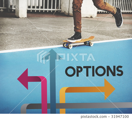Skater boy with illustration of opportunities at turning point to be changes 31947100